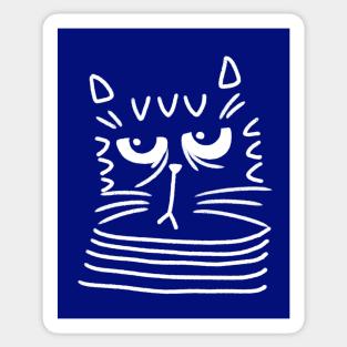 Cute blue and white cat head with grumpy face on blue background Sticker